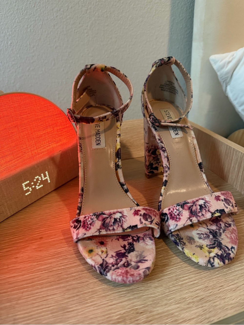 Steve Madden Pink Floral Ankle-Strap Block Heels